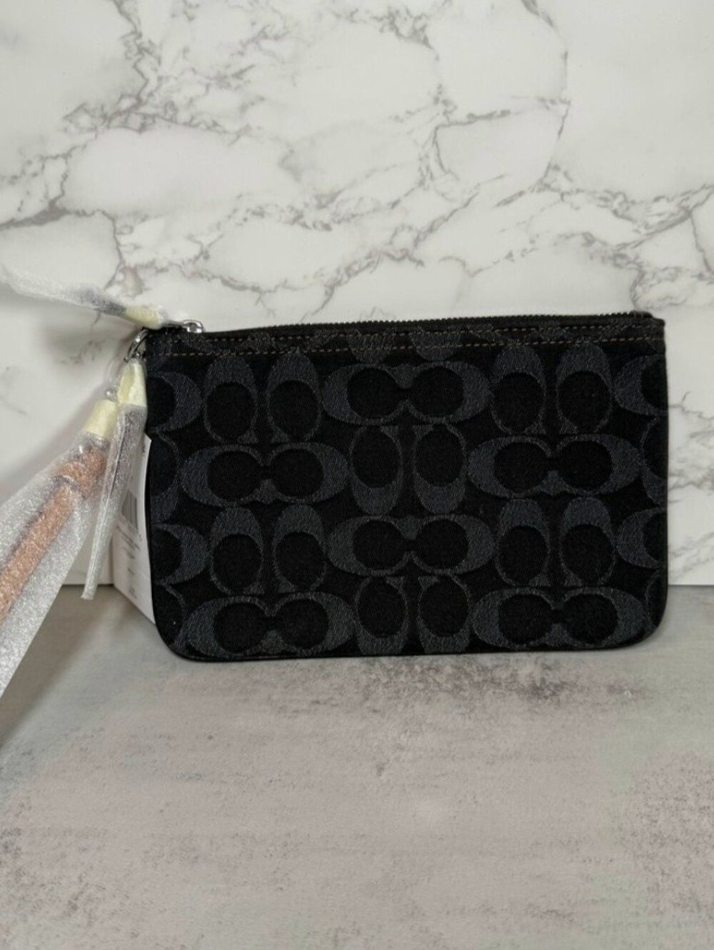 COACH Washed Denim and Leather Signature Wristlet NWT